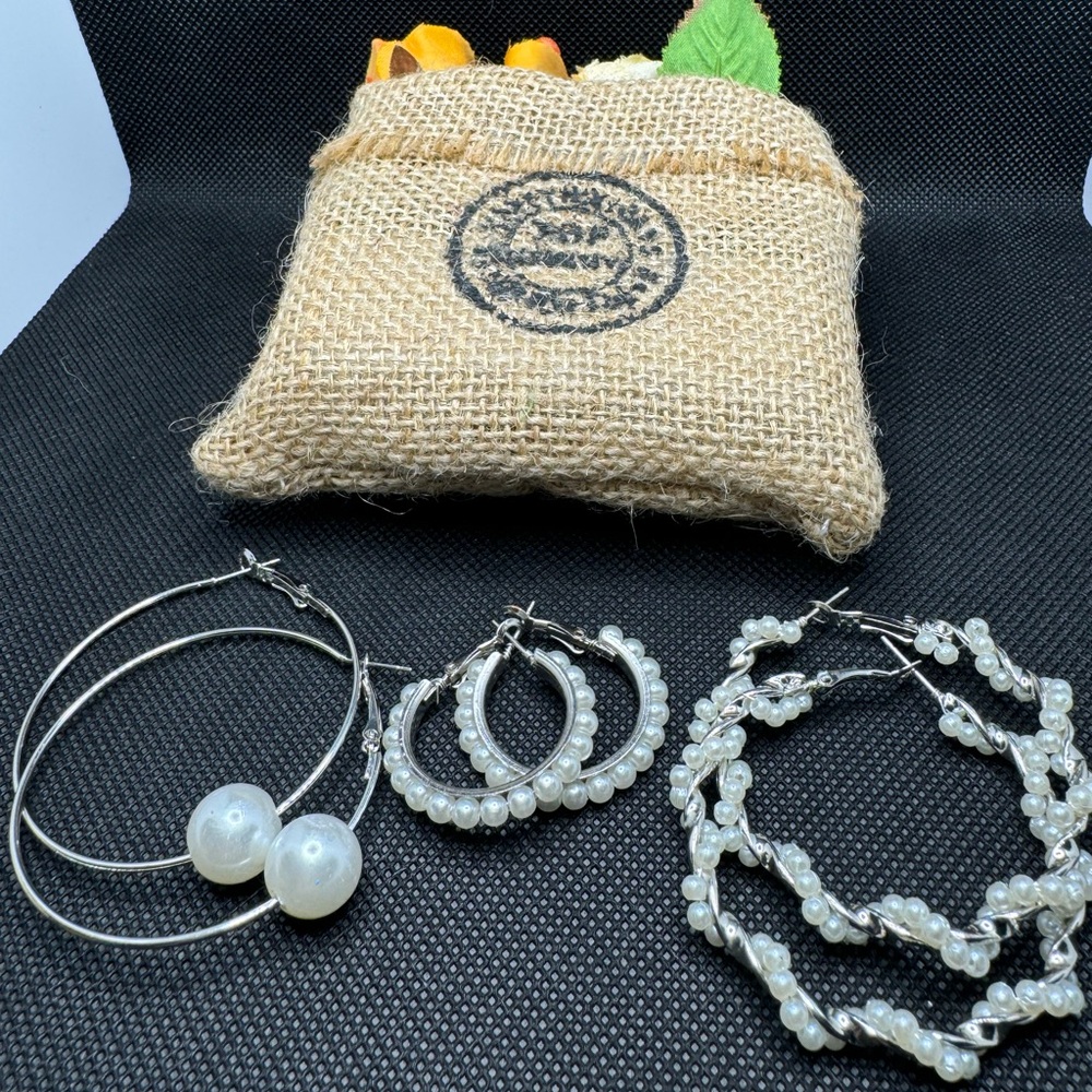 Silver tone Pearl Hoop Earrings